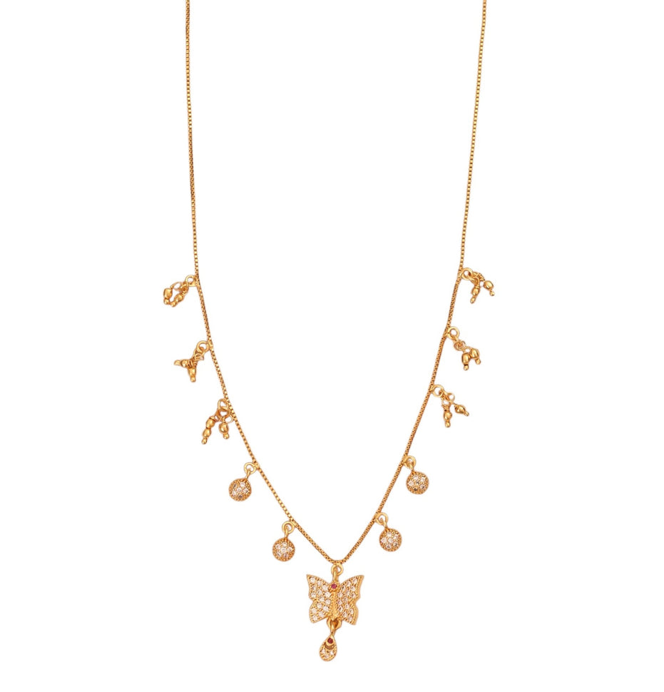 Gold Plated American Diamond Butterfly Pendant Necklace with Dangling Charms