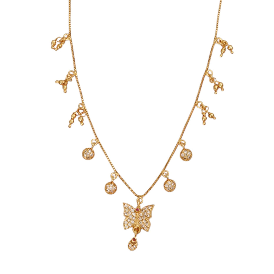 Gold Plated American Diamond Butterfly Pendant Necklace with Dangling Charms