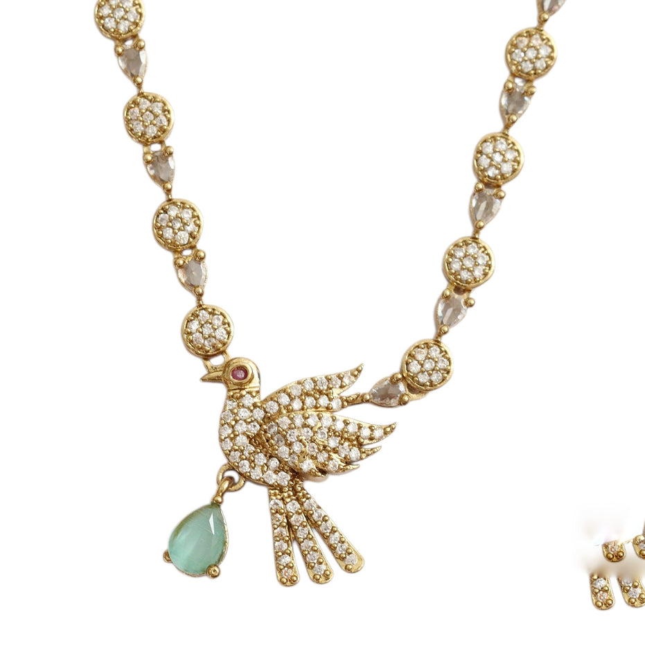 Designer Bird Pendant Mehendi Plated Necklace Set with Earrings
