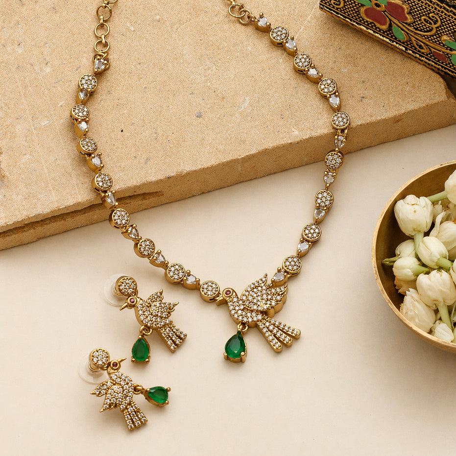 Designer Bird Pendant Mehendi Plated Necklace Set with Earrings