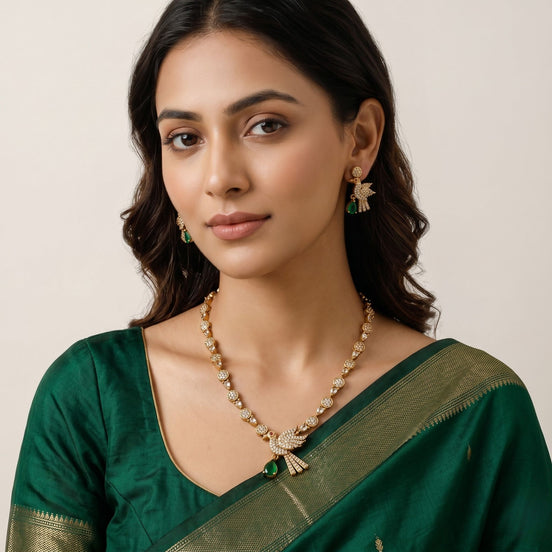 Designer Bird Pendant Mehendi Plated Necklace Set with Earrings