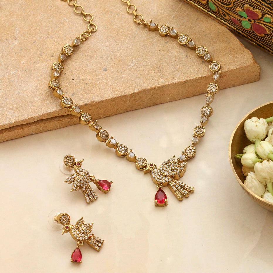 Designer Bird Pendant Mehendi Plated Necklace Set with Earrings