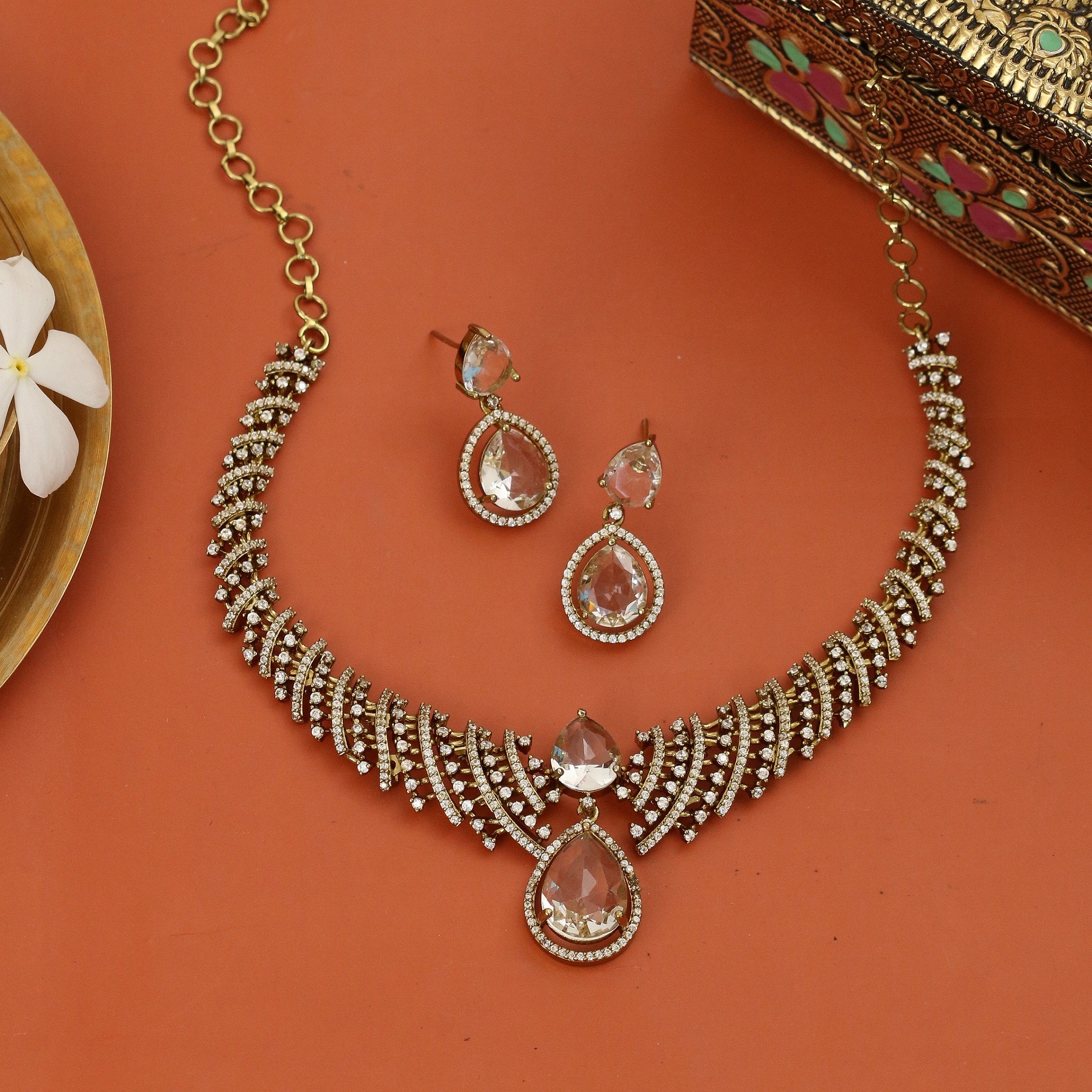 Zig Zag Curved Mehendi Plated Necklace Set with Earrings