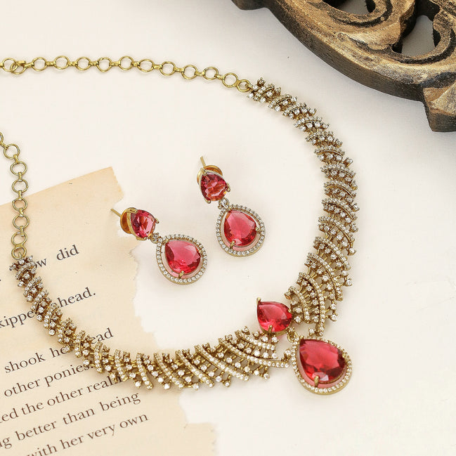 Zig Zag Curved Mehendi Plated Necklace Set with Earrings