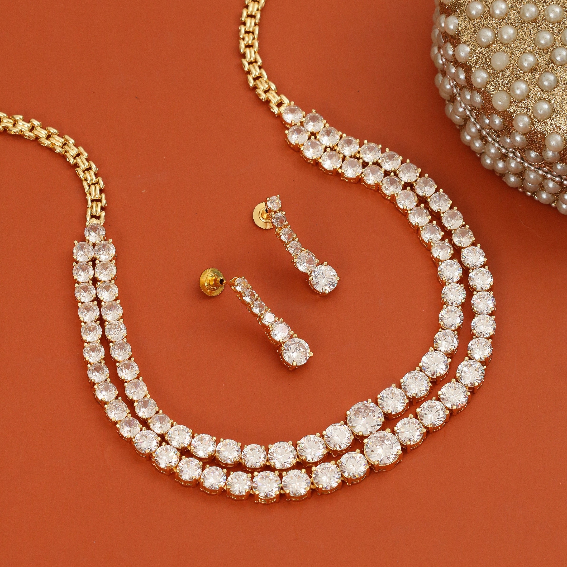 Double Layered White Stoned Gold Plated Necklace Set with Earrings