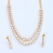 Double Layered White Stoned Gold Plated Necklace Set with Earrings