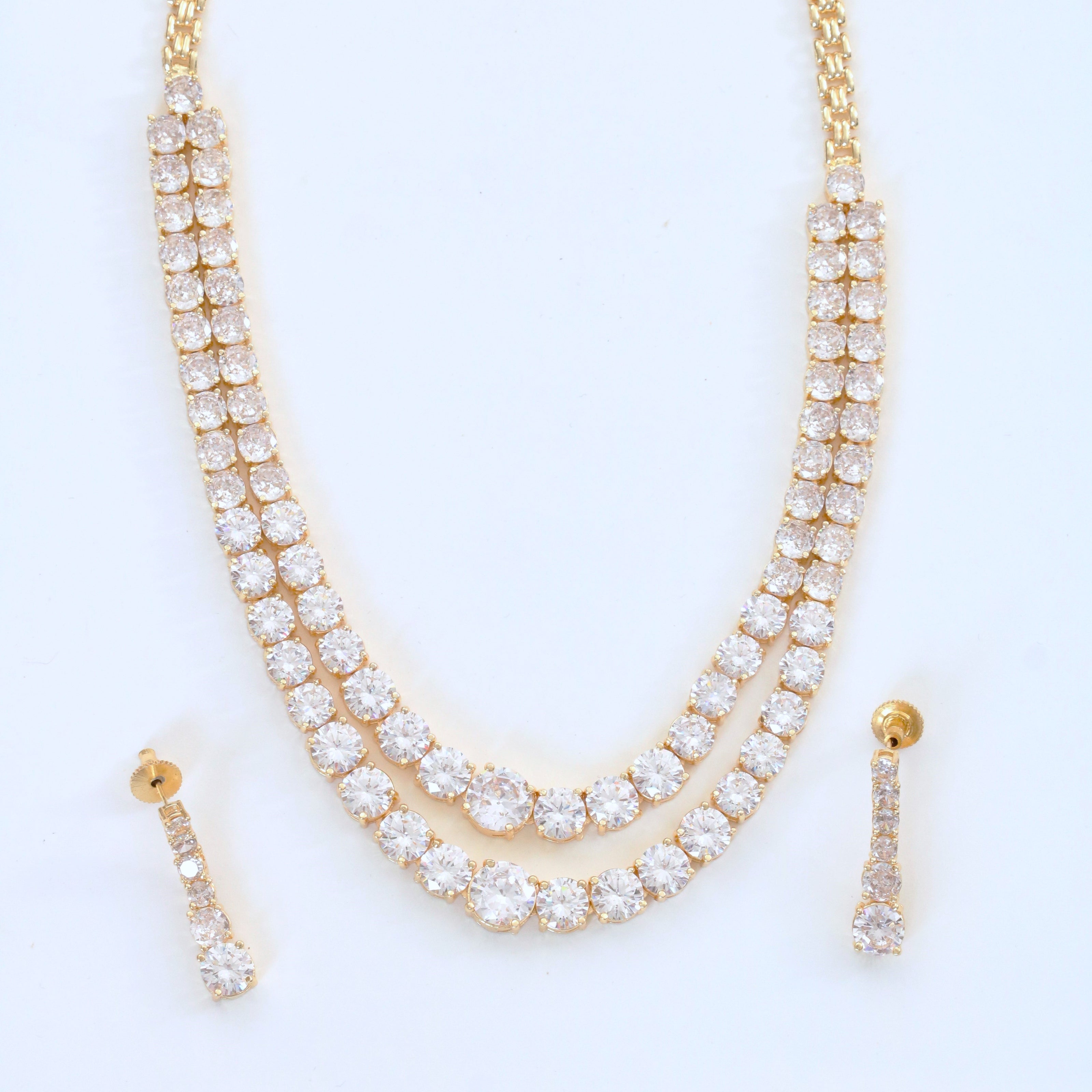 Double Layered White Stoned Gold Plated Necklace Set with Earrings