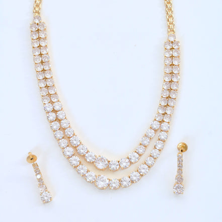 Double Layered White Stoned Gold Plated Necklace Set with Earrings