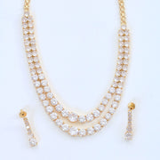 Double Layered White Stoned Gold Plated Necklace Set with Earrings