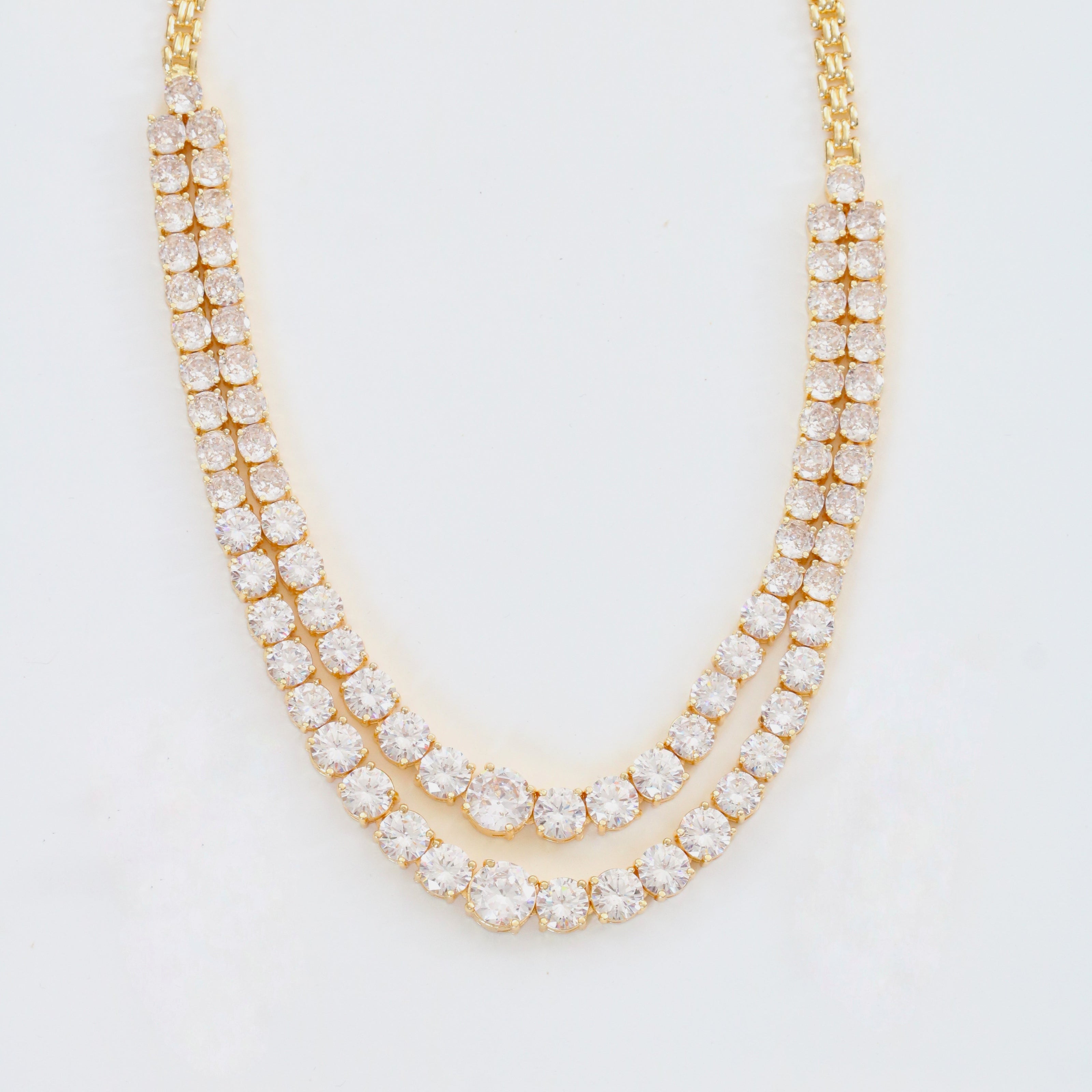 Double Layered White Stoned Gold Plated Necklace Set with Earrings