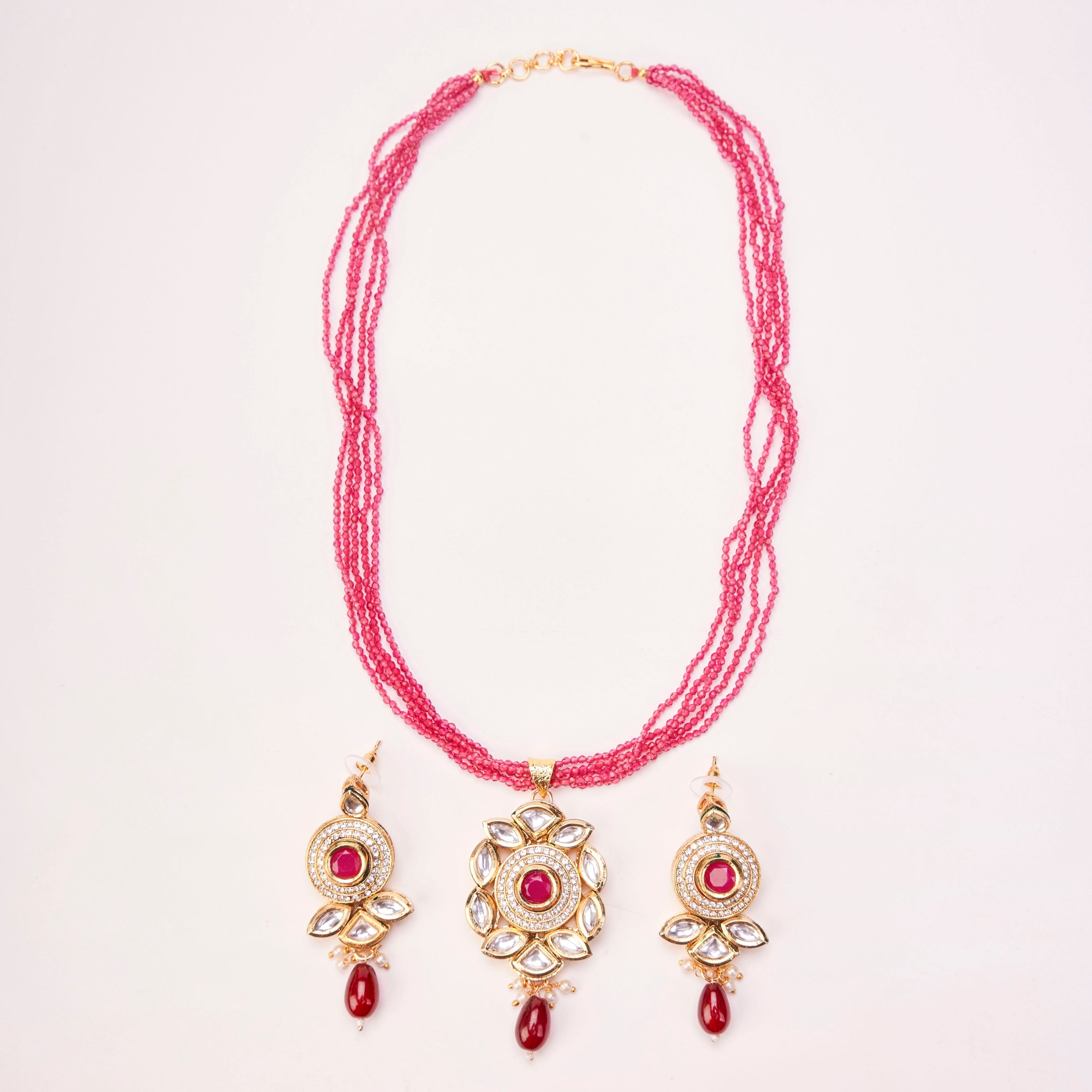 Floral Echanted Beaded Gold Plated Necklace Set with Earrings