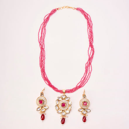 Floral Echanted Beaded Gold Plated Necklace Set with Earrings