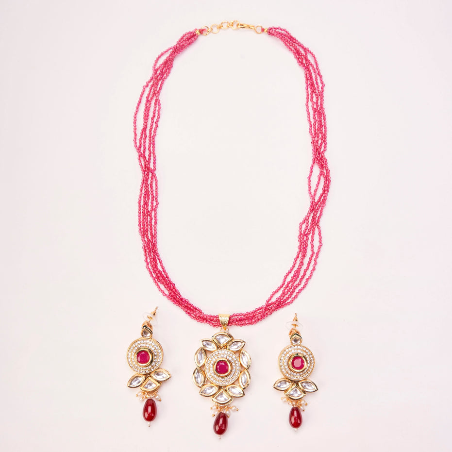Floral Echanted Beaded Gold Plated Necklace Set with Earrings