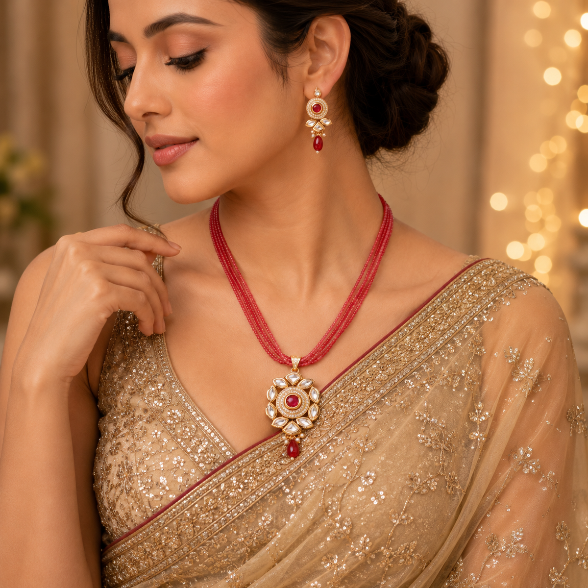 Floral Echanted Beaded Gold Plated Necklace Set with Earrings
