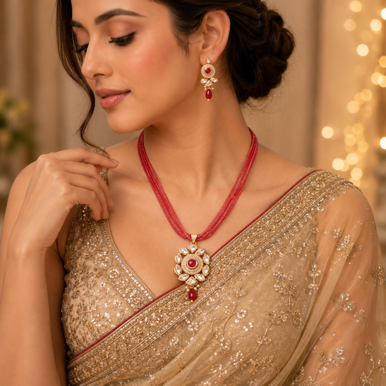Floral Echanted Beaded Gold Plated Necklace Set with Earrings