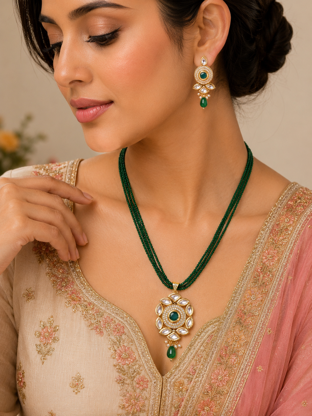 Floral Echanted Beaded Gold Plated Necklace Set with Earrings