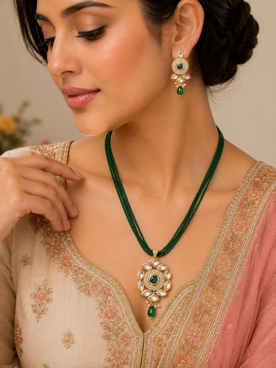 Floral Echanted Beaded Gold Plated Necklace Set with Earrings