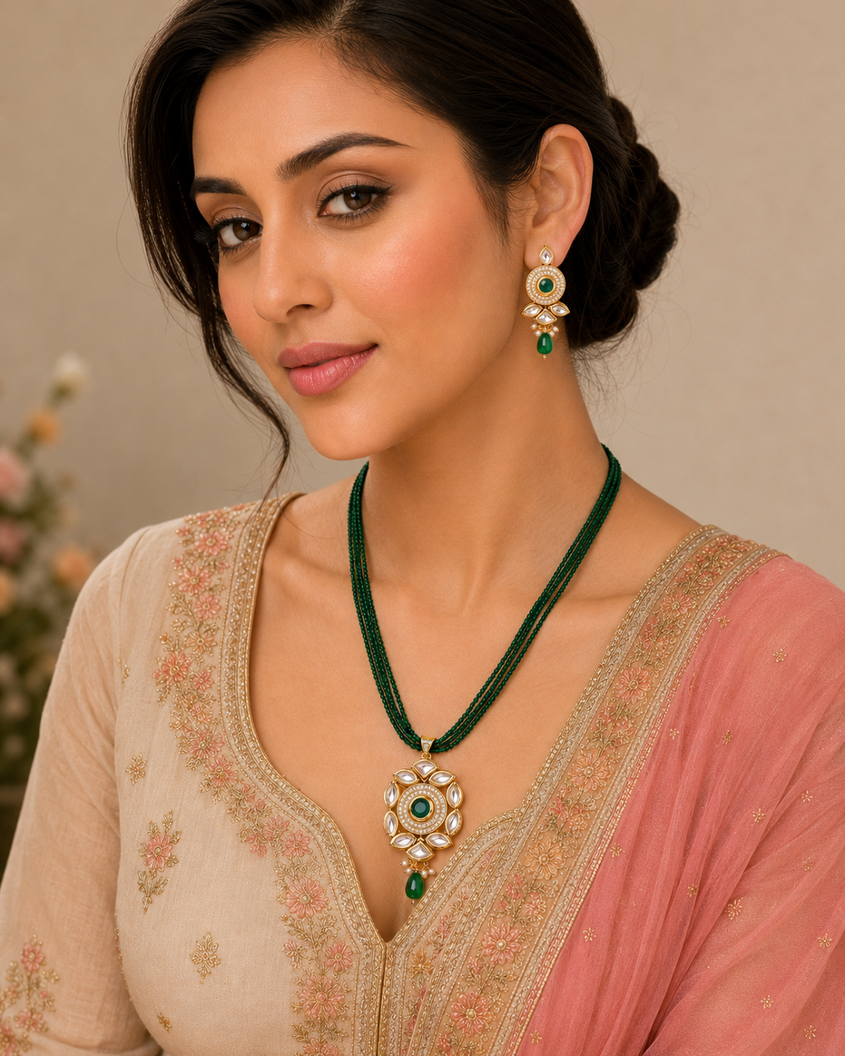 Floral Echanted Beaded Gold Plated Necklace Set with Earrings