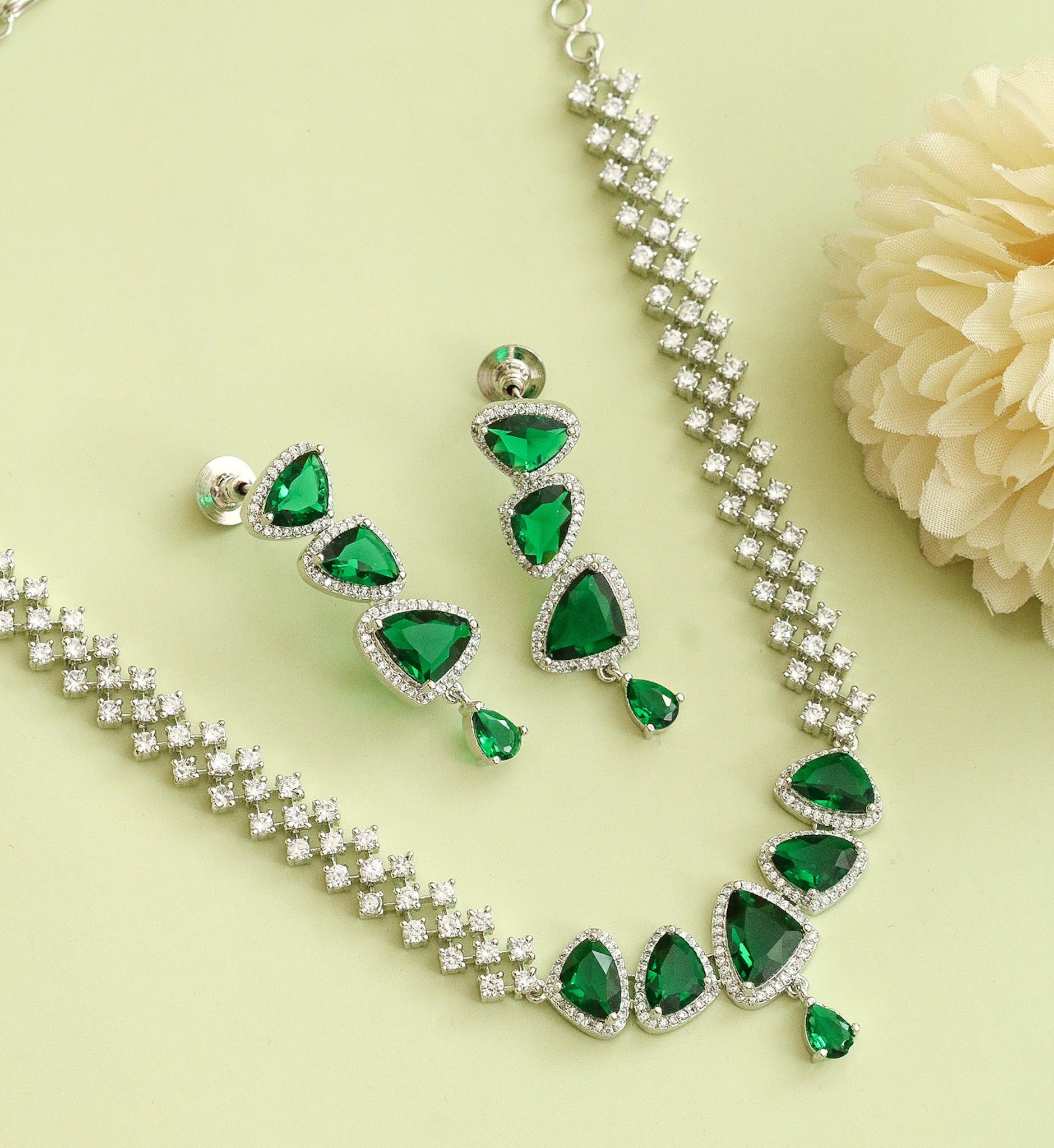 Zig Zag Enchanted Rhodium Plated Necklace Set with Earrings