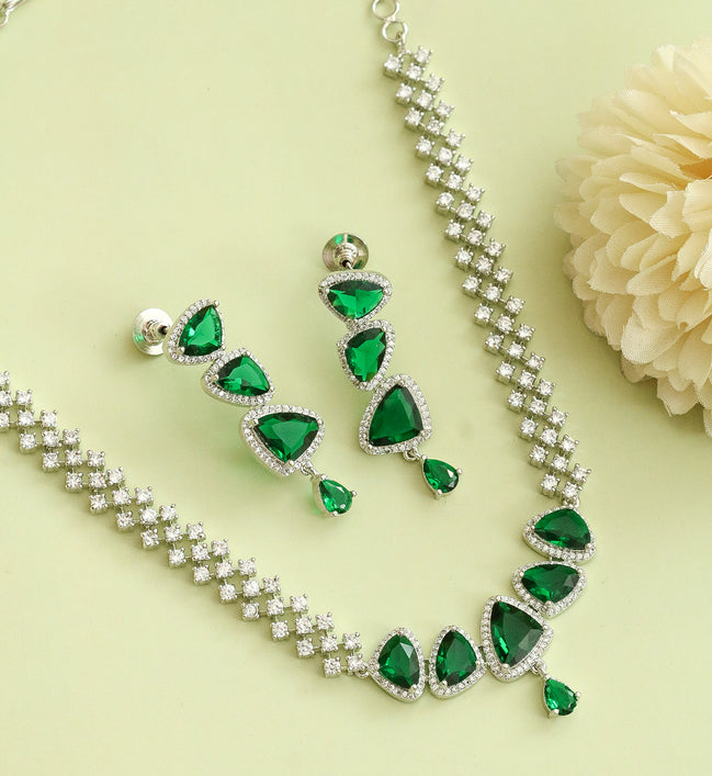 Zig Zag Enchanted Rhodium Plated Necklace Set with Earrings