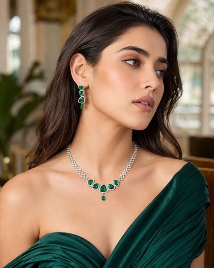 Zig Zag Enchanted Rhodium Plated Necklace Set with Earrings