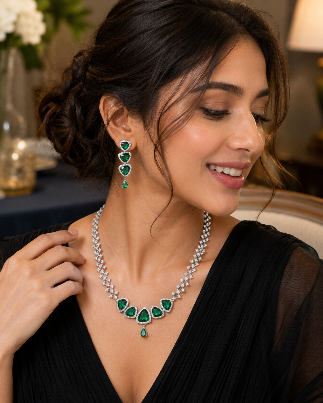 Zig Zag Enchanted Rhodium Plated Necklace Set with Earrings