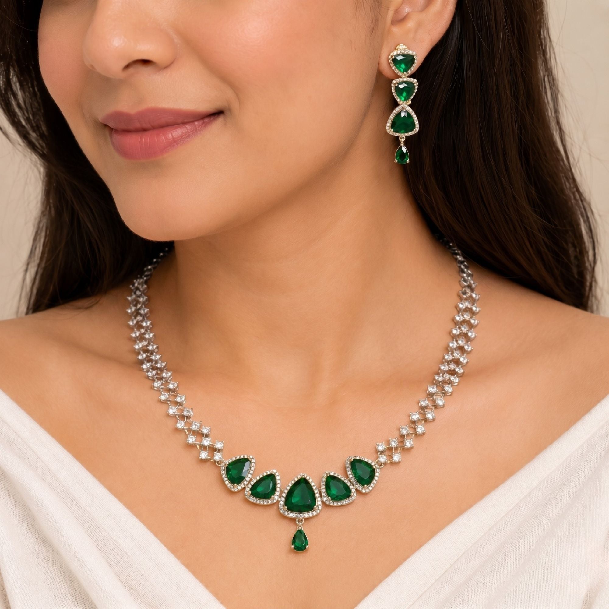 Zig Zag Enchanted Rhodium Plated Necklace Set with Earrings