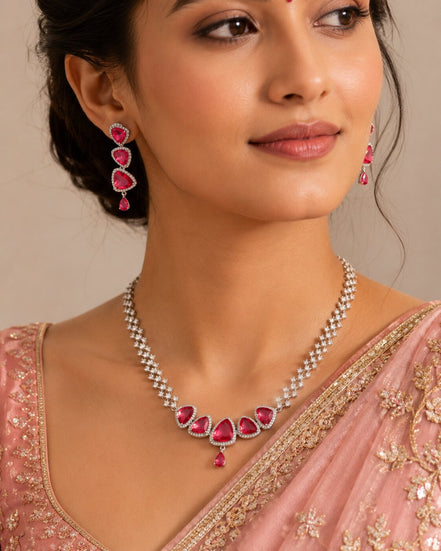 Zig Zag Enchanted Rhodium Plated Necklace Set with Earrings