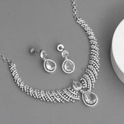 Leaf Lattice Rhodium Plated Necklace Set with Earrings