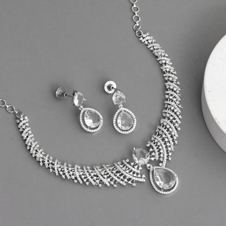Leaf Lattice Rhodium Plated Necklace Set with Earrings