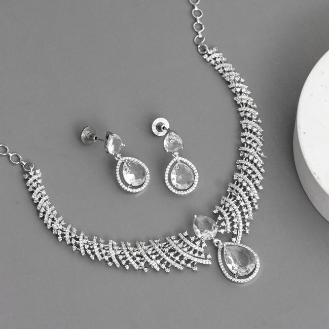 Leaf Lattice Rhodium Plated Necklace Set with Earrings