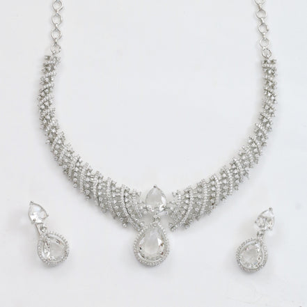 Leaf Lattice Rhodium Plated Necklace Set with Earrings