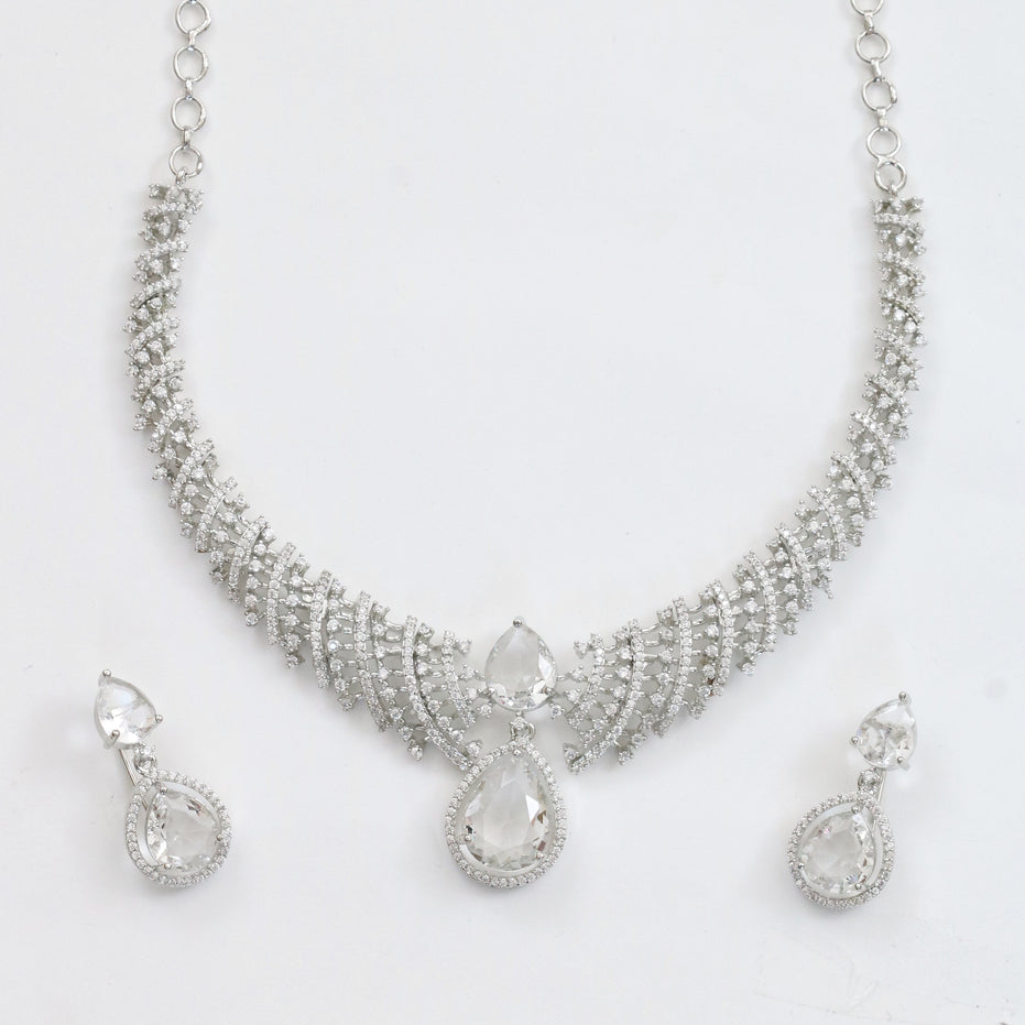 Leaf Lattice Rhodium Plated Necklace Set with Earrings