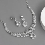 Leaf Lattice Rhodium Plated Necklace Set with Earrings