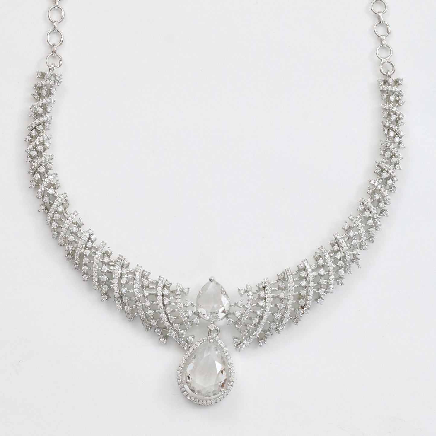 Leaf Lattice Rhodium Plated Necklace Set with Earrings