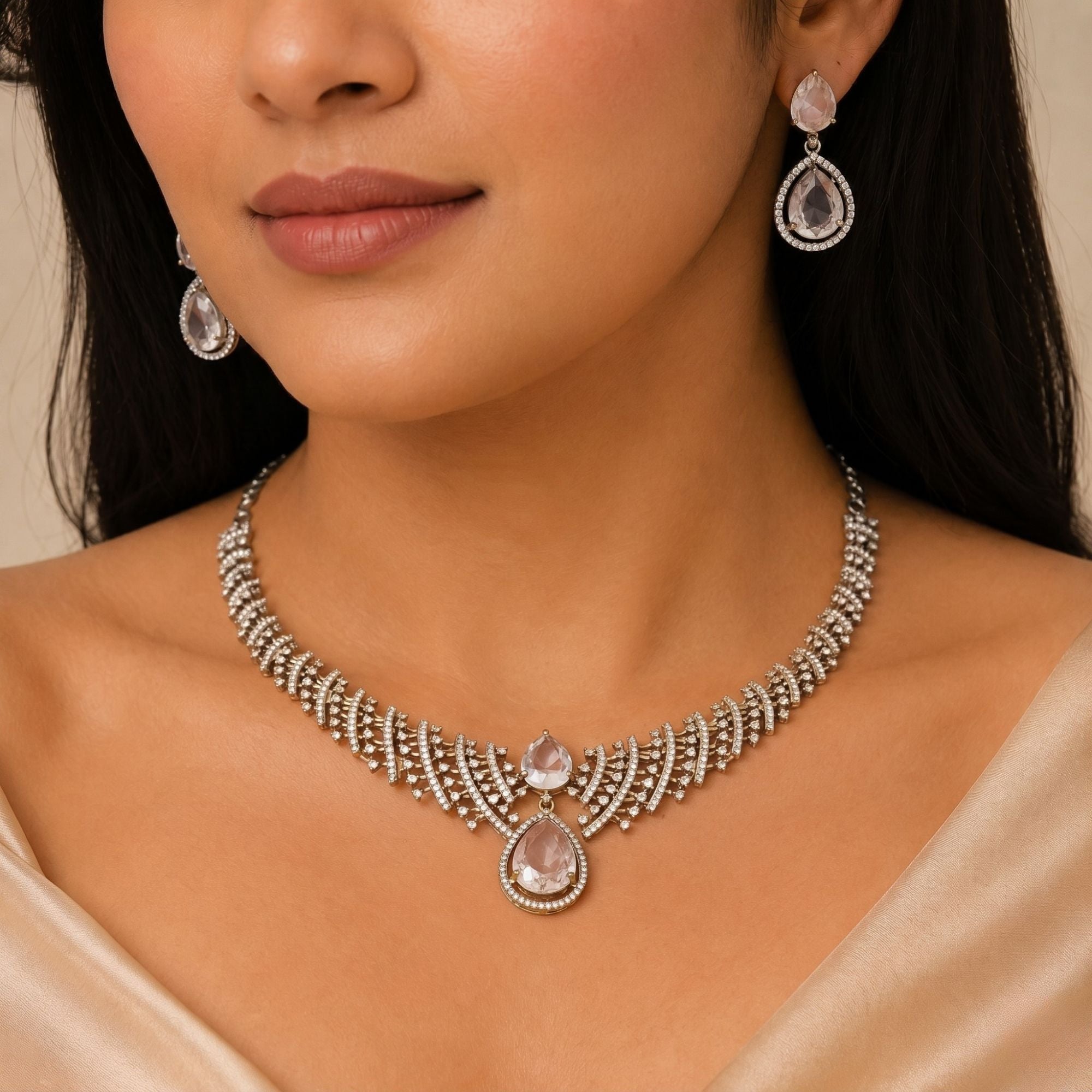 Leaf Lattice Rhodium Plated Necklace Set with Earrings