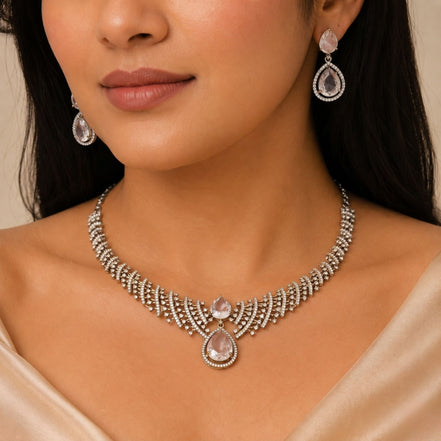 Leaf Lattice Rhodium Plated Necklace Set with Earrings