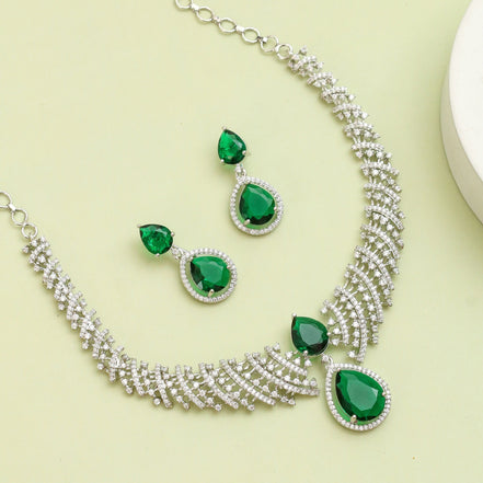 Leaf Lattice Rhodium Plated Necklace Set with Earrings