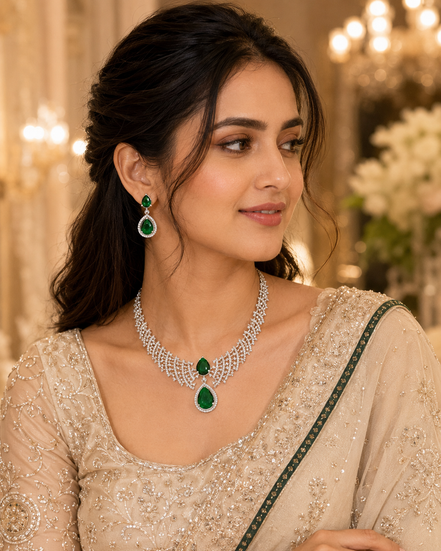 Leaf Lattice Rhodium Plated Necklace Set with Earrings