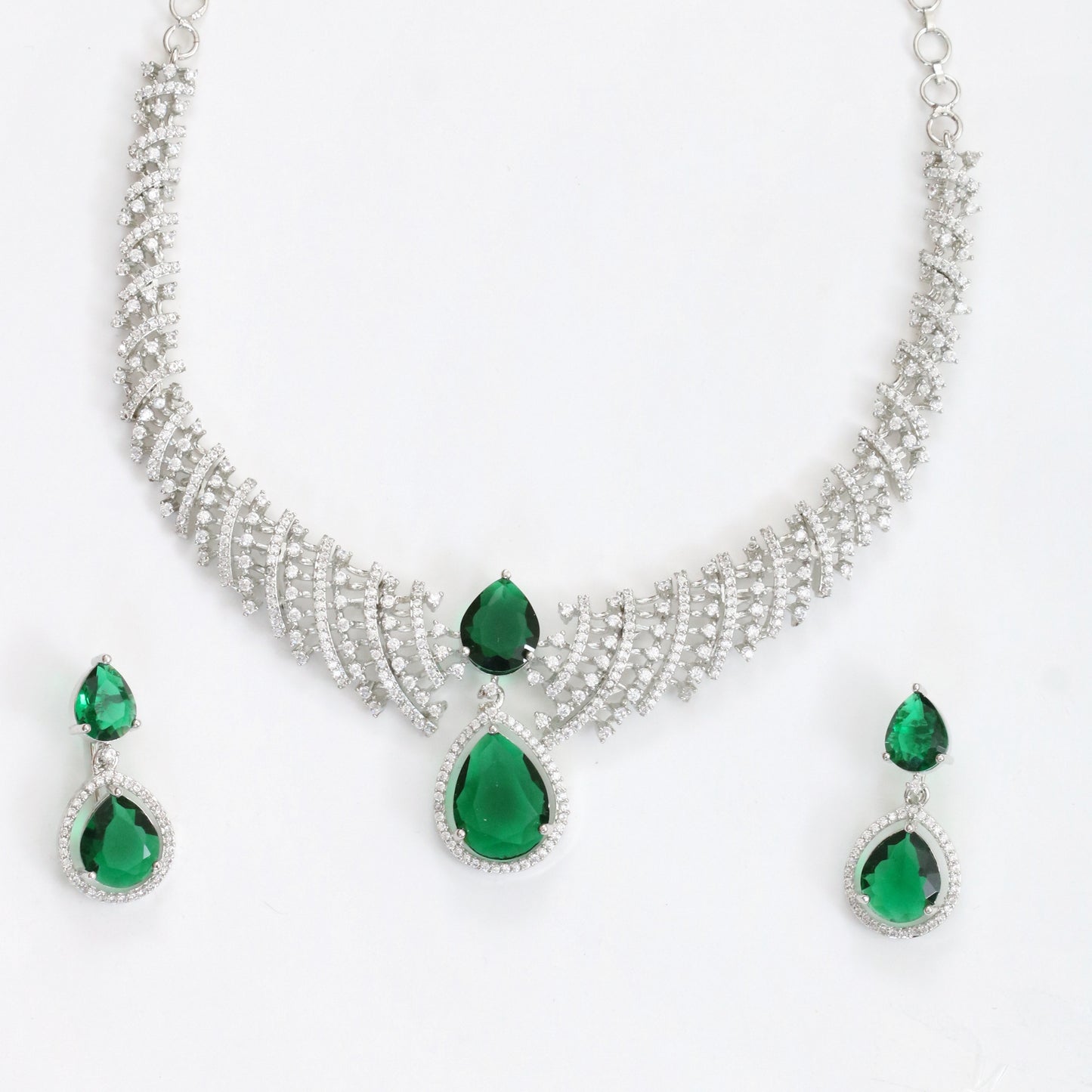 Leaf Lattice Rhodium Plated Necklace Set with Earrings