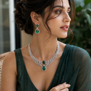 Leaf Lattice Rhodium Plated Necklace Set with Earrings
