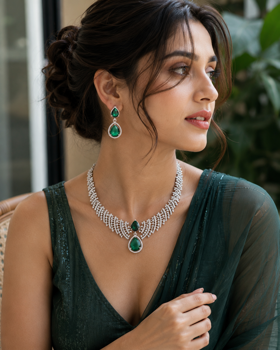 Leaf Lattice Rhodium Plated Necklace Set with Earrings