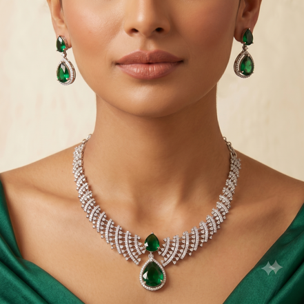 Leaf Lattice Rhodium Plated Necklace Set with Earrings