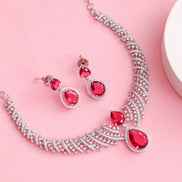 Leaf Lattice Rhodium Plated Necklace Set with Earrings