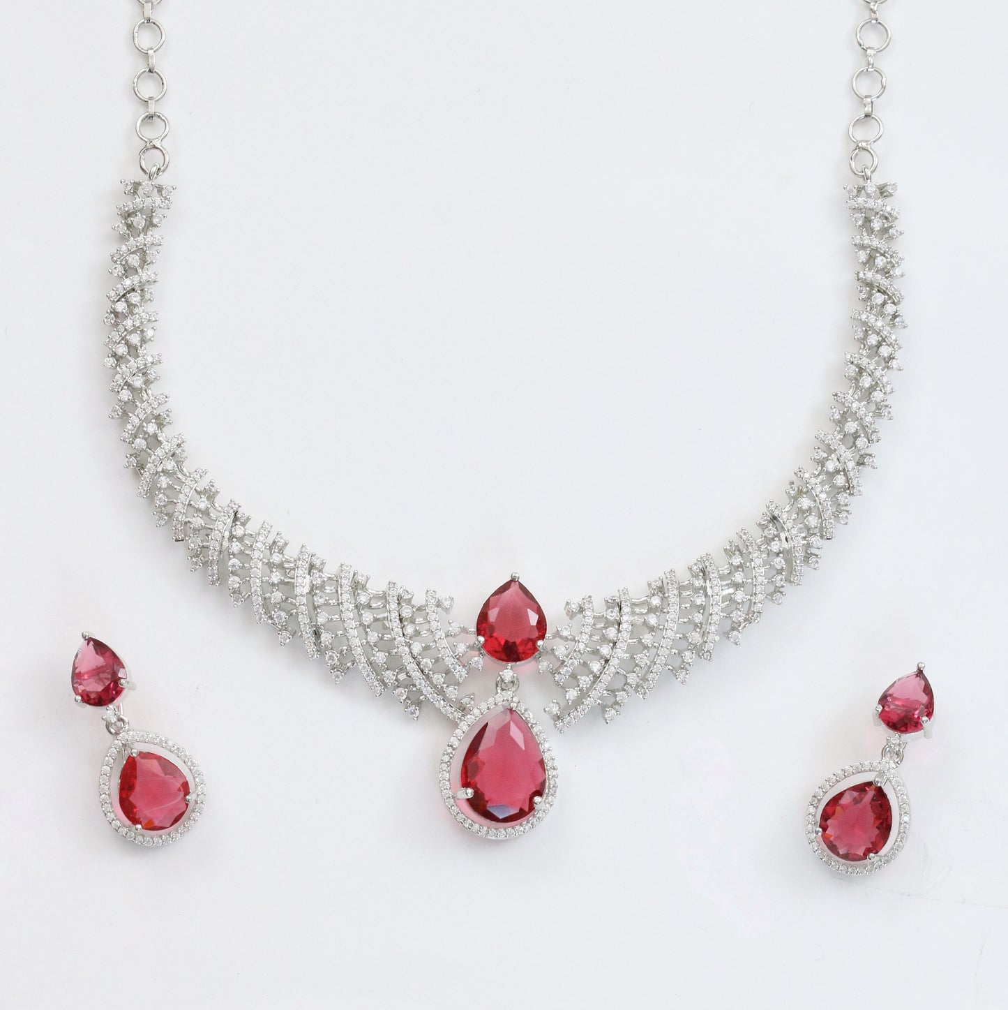 Leaf Lattice Rhodium Plated Necklace Set with Earrings