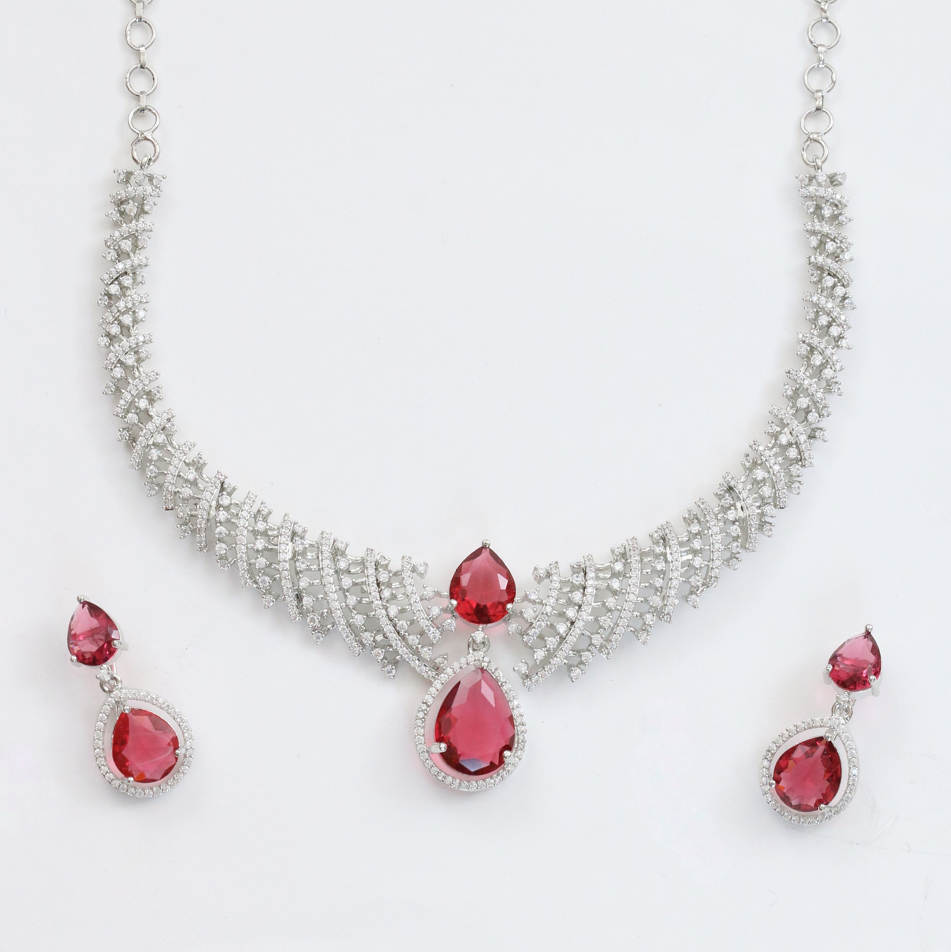 Leaf Lattice Rhodium Plated Necklace Set with Earrings