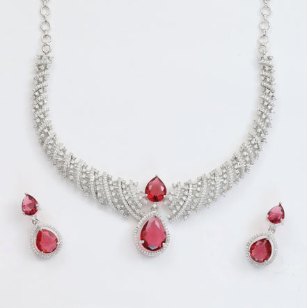 Leaf Lattice Rhodium Plated Necklace Set with Earrings