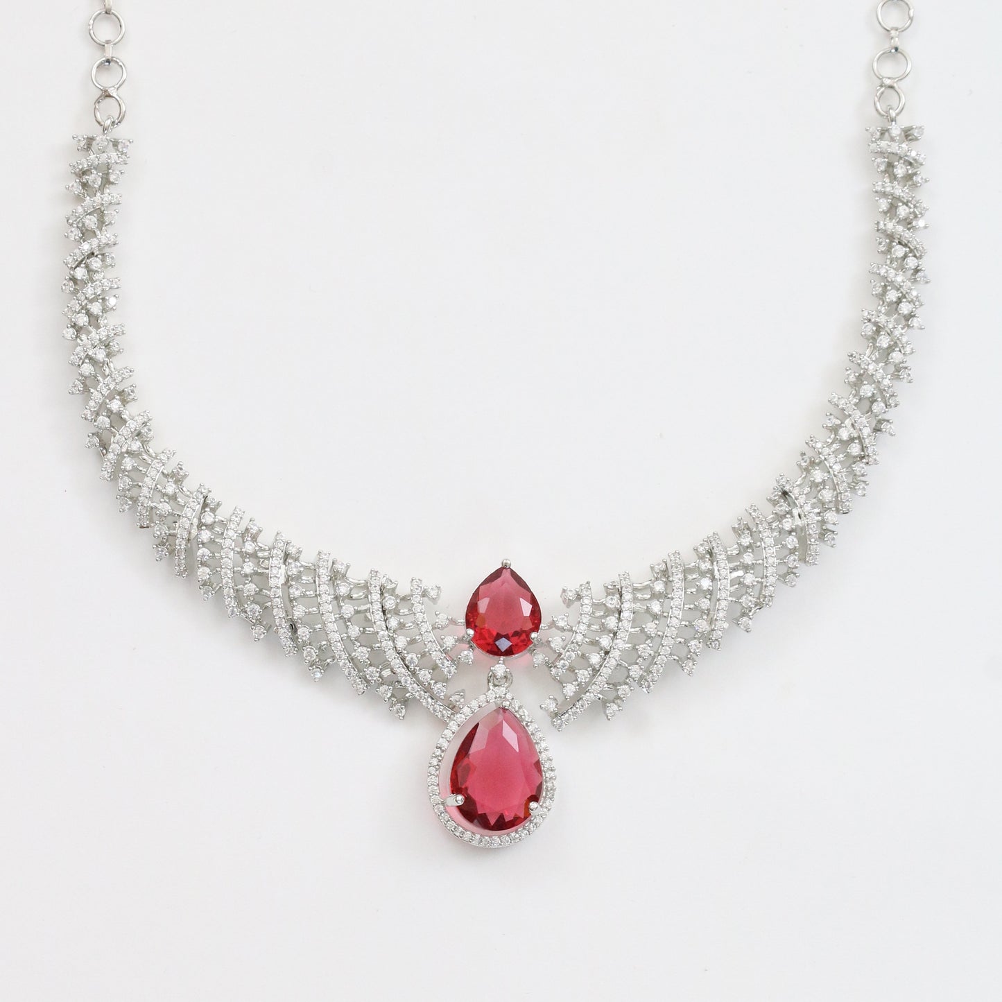 Leaf Lattice Rhodium Plated Necklace Set with Earrings