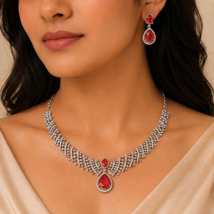 Leaf Lattice Rhodium Plated Necklace Set with Earrings