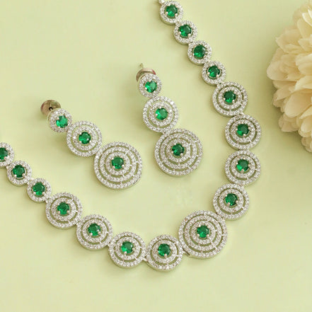 Halo Designed Rhodium Plated Necklace Set with Earrings